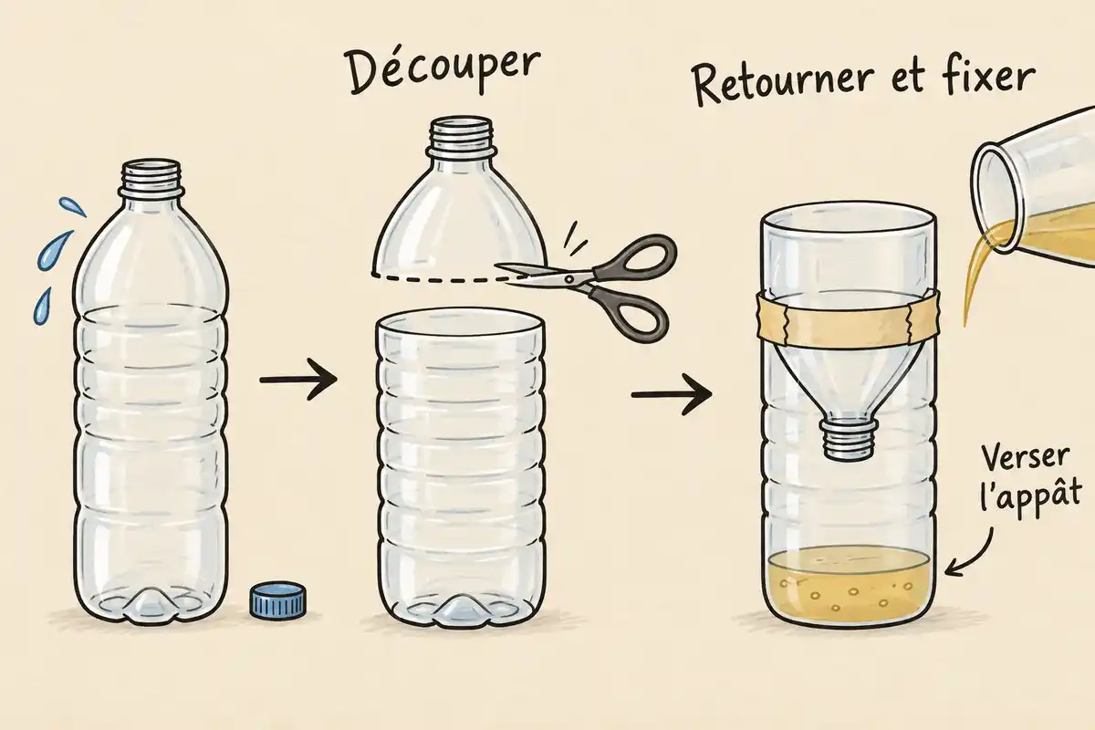 La bouteille est découpée, puis sa partie haute retournée et fixée goulot vers le bas au-dessus de l’appât.